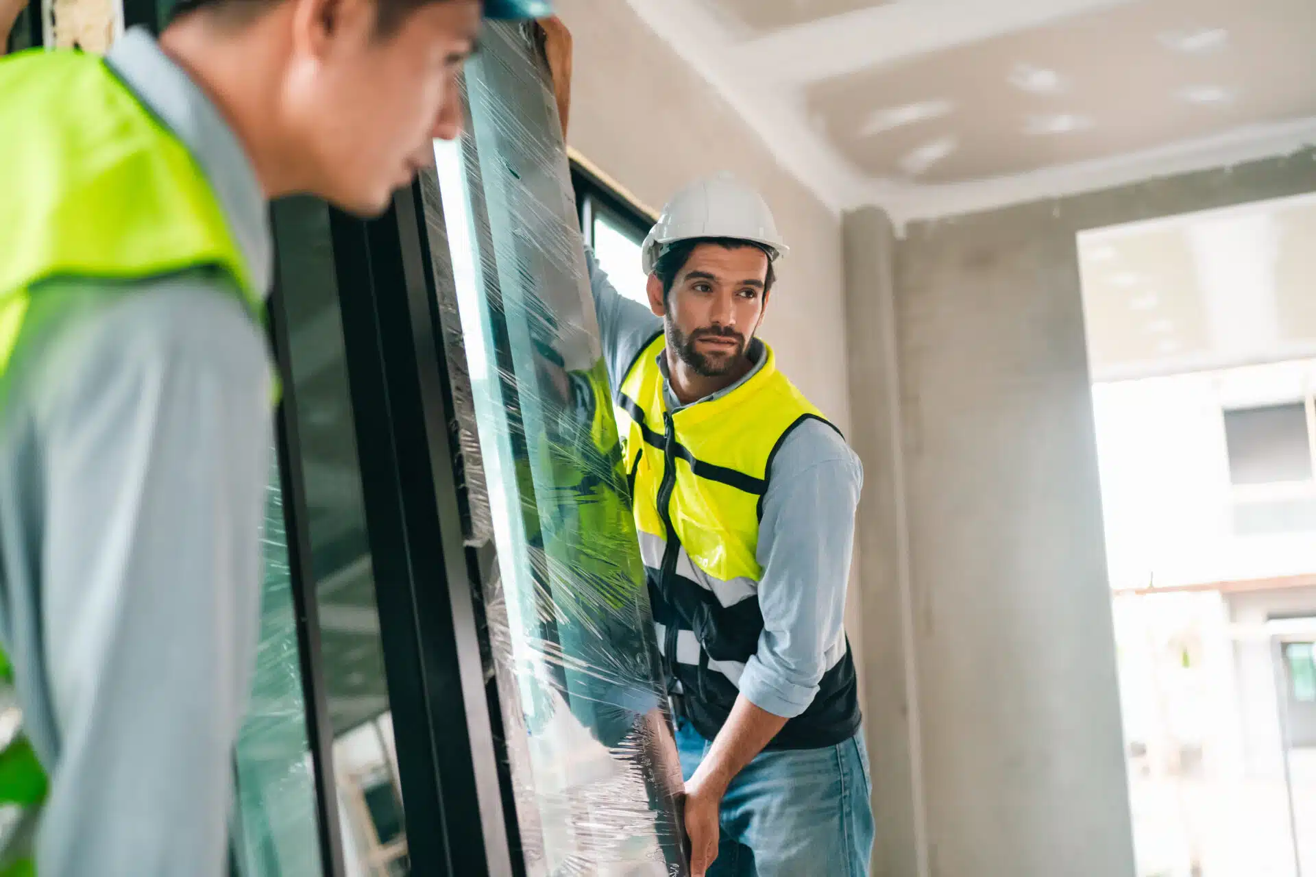 Construction worker fitting glass panel in interior site