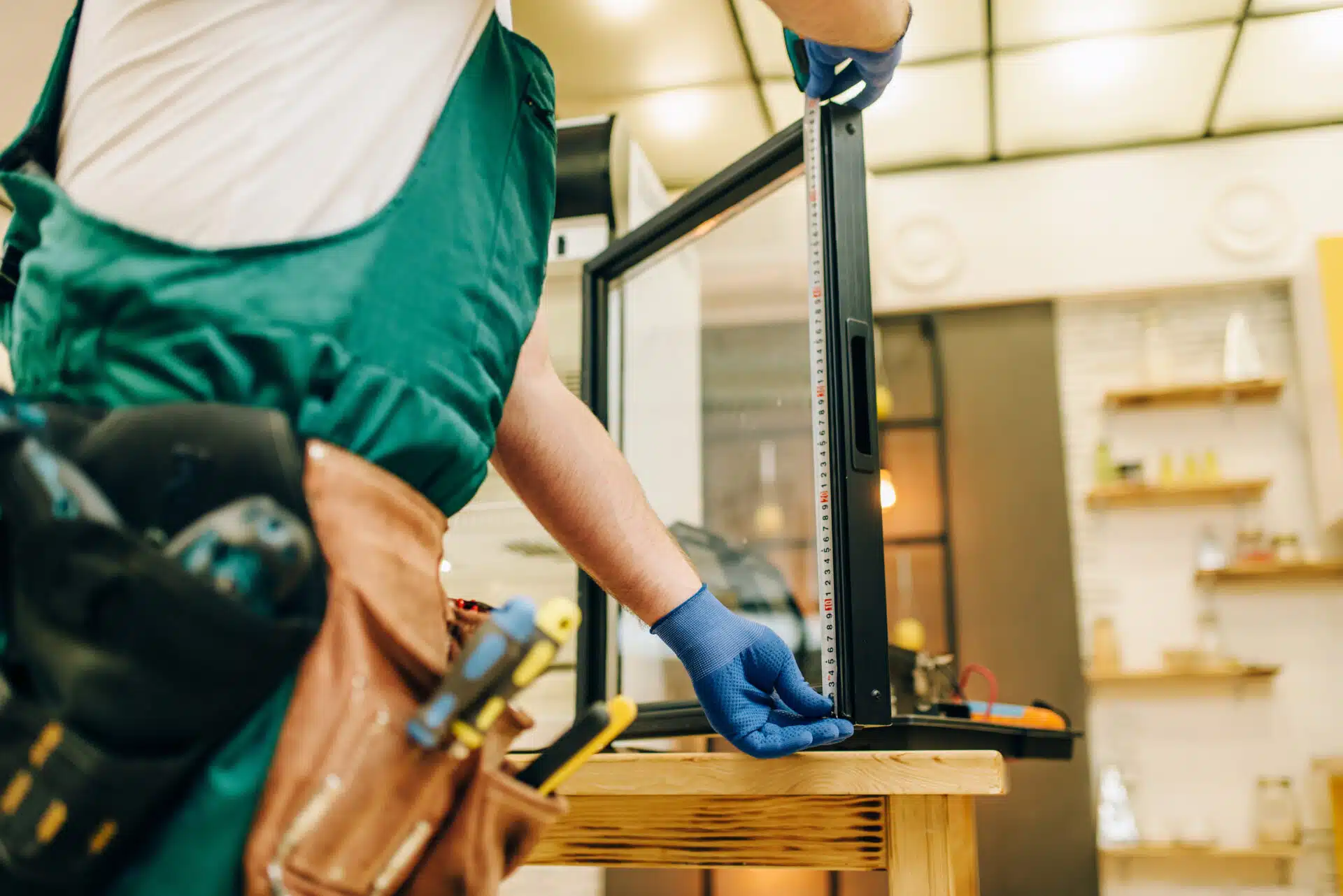 Construction worker measuring glass