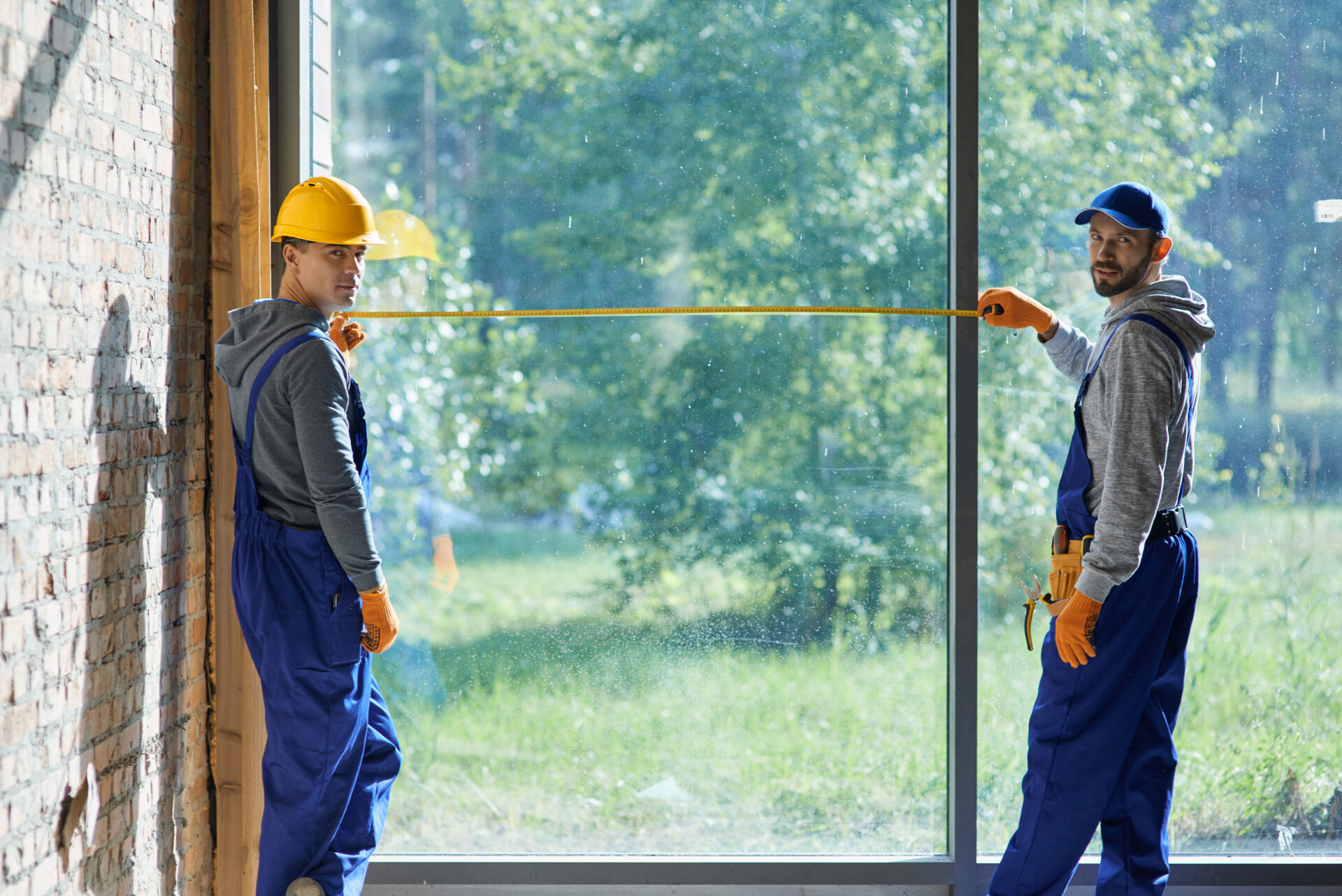 Workers measuring glass partitions
