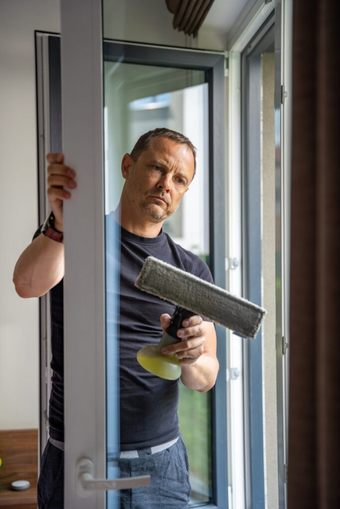 Man cleaning a glass door