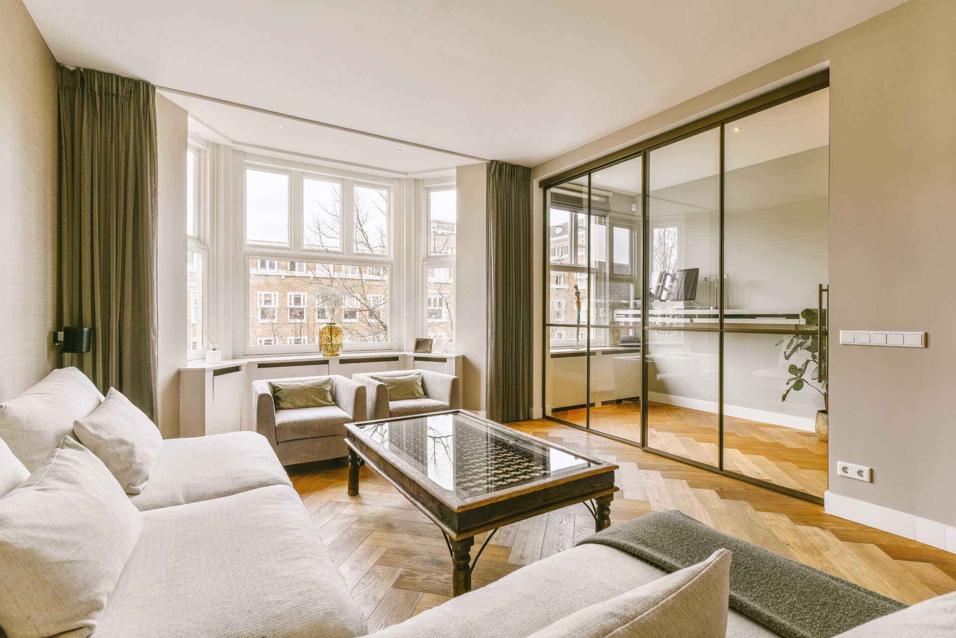 Modern living room with glass